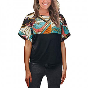 One Day Only！VZULY Women's Short Sleeve T Shirt Printed Splice Tops Casual Loose Blouses now 70.0%..