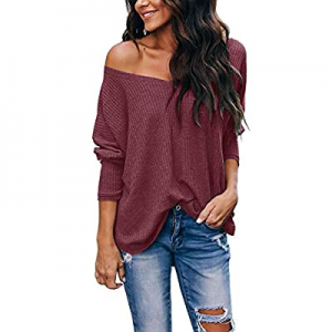 One Day Only！Umeko Womens Off The Shoulder Sweaters Batwing Sleeve Waffle Knit Casual Loose Tunic ..