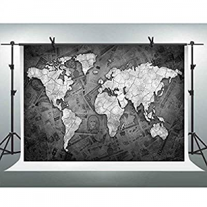 One Day Only！20.0% off Gray World Map Backdrop for Party Decorations FHZON 10x7ft Money Photograph..