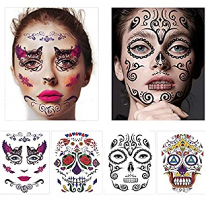 ILEBYGO 4 Sheets Day of the Dead Sugar Skull Face Temporary Tattoo Halloween Makeup Tattoo Stickers