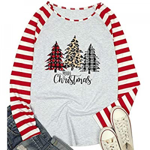 40.0% off MYHALF Merry Christmas T-Shirt Women Leopard Plaid Christmas Tree Graphic T-Shirts Long ..