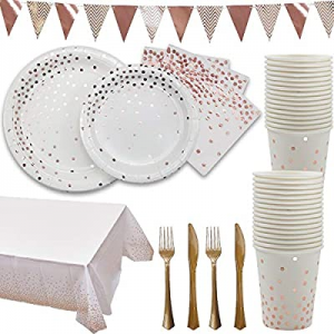 40.0% off Rose Gold and White Party Supplies Golden Disposable Party Dinnerware Includes Paper Pla..