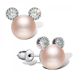 Pearl Stud Earrings for Women,Hypoallergenic 7mm CZ Cute Mouse Stainless Steel Earrings (10 colors..