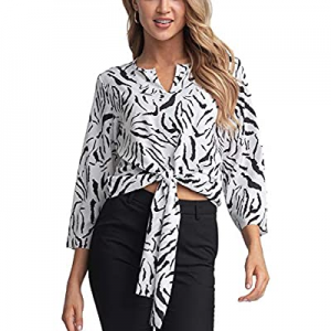 Tivanna Women Cute Crop Blouse Casual Zebra Print Shirt 3/4 Sleeve Tie Knot Top now 50.0% off 