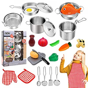 20.0% off QDH Play Kitchen Accessories Kids Kitchen Pretend Play Toys with Stainless Steel Cookwar..