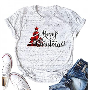 MYHALF Merry Christmas Shirt Women Plaid Christmas Tree T-Shirt Casual Short Sleeve Tops Tee Shirt..