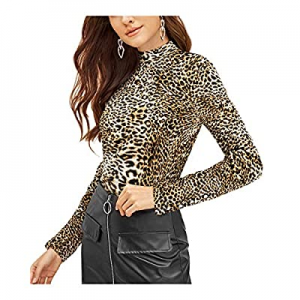 OUGES Womens Long Sleeve Shirt Leopard Print Mock Turtleneck Slim Fit Pullover Casual Tops now 60...