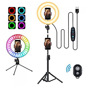 10" Selfie Ring Light with Tripod Stand and Cell Phone Holder, 14 Colors RGB LED Circle Ring Light f