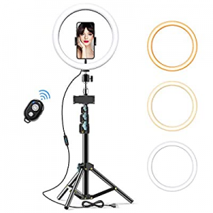 10” Selfie Ring Light with Tripod Stand & 2 Phone Holders & Bluetooth Remote, GPEESTRAC LED Beauty C