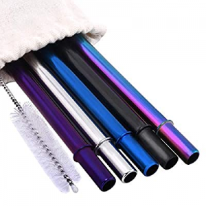 KKMO 5 Pieces Stainless Steel Reusable Drinking Straws with 1 Cleaning Brush Ring Design Black Blue