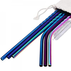 KKMO Rainbow Purple Blue Colored Stainless Steel Reusable Drinking Straws 8.5" 6 Set -Cleaning Brush
