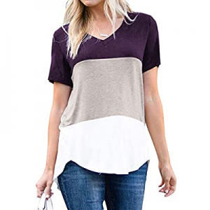 One Day Only！Sovelen Womens V Neck Short Sleeve Summer Color Block T Shirts Casual Loose Fit Tops ..