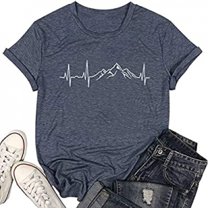 Mountain Heartbeat Graphic T-Shirts Women Novelty Hiking Shirt Casual Camping Travel Tee Tops now ..
