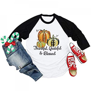 One Day Only！50.0% off Thankful Grateful Blessed Pumpkin Shirts Women Thanksgiving Novelty Graphic..