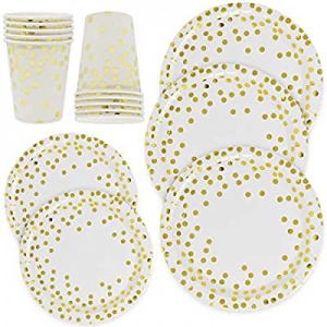 35.0% off Gift Boutique Gold Dot Disposable Paper Plates and Cups Set For 50; Gold Metallic Foil 5..