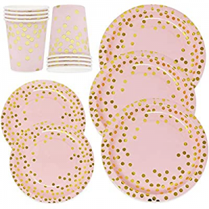 One Day Only！40.0% off Pink and Gold Dot Party Supplies Set for 50 Guest Gold Metallic Foil Dots o..
