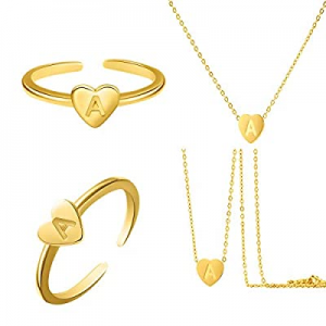 Heart LOVE Initial 14K Gold Adjustable Stacking Rings for Women Girls + 18K Gold Plated Handmade P..