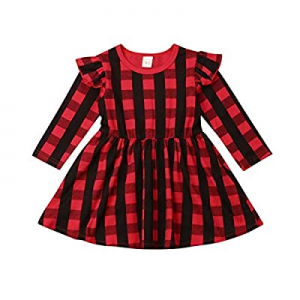 One Day Only！Christmas Toddler Baby Kid Girls Long Sleeve Red Plaid Dress Kids Ruffle Tunic Skirt ..