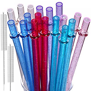 KKMO 18 PCS 9 Inch Reusable Clear Plastic Glitter Sparkle Drinking Straws for for Mason Jar,Tervis, 