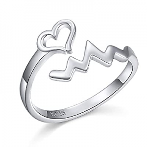 925 Sterling Silver Heartbeat Ring Adjustable Wrap Open Ring for Women Girlfriend Nurse Doctor now..