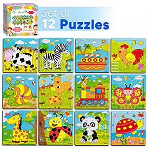 One Day Only！PETITOY Wooden Animal Jigsaw Mini Puzzles Early Educational Toys [12 Puzzles] for Tod..