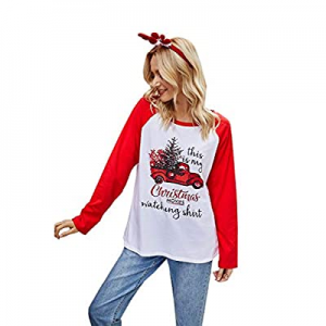 IHOT Merry Christmas Graphic Shirt Women Buffalo Plaid Splicing Long Sleeve Raglan Tops Casual Tee..