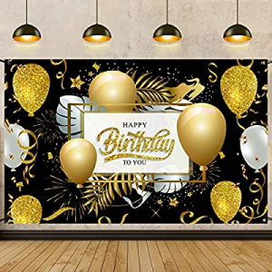 Large Birthday Backdrop Banner Background, Glitter Gold and Black Birthday Party Decorations Photo B
