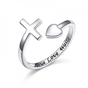 One Day Only！Sterling Silver True Love Waits Heart Cross Adjustable Wrap Open Ring for Women Lover..