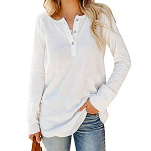 Umeko Womens Henley Shirts Waffle Knit V Neck Long Sleeve Button Up Tops Casual Loose Tunic Blouse..
