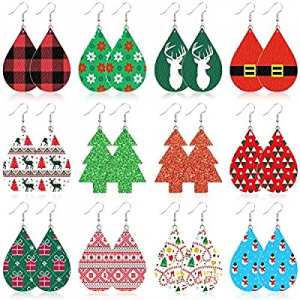 Christmas Leather Earrings for women now 54.0% off , Xmas Faux leather earrings 12 Pairs Teardrop ..
