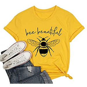 20.0% off HEBBE Women Bee Beautiful Letter Print T-Shirt Cute Funny Bee Graphic Top Tees Fashion C..