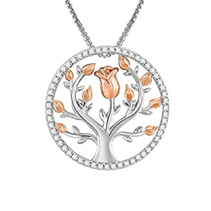 SNZM Rose Flower Tree of Life Pendant Necklace for Women White Gold Family Tree Necklace for Wife ..