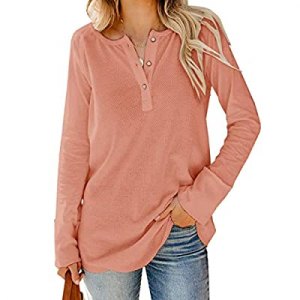 Umeko Womens Henley Shirts Waffle Knit V Neck Long Sleeve Button Up Tops Casual Loose Tunic Blouse..