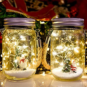 Christmas Mason Jar Solar Ligths - 2 Pack Hanging Solar Lanterns Outdoor now 50.0% off , 15 LED Fa..