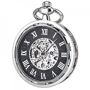 ManChDa Mens Steampunk Open Face Pocket Watch Skeleton with Chain + Gift Box now 50.0% off 