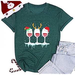 50.0% off ALLTB Merry Christmas T-Shirt Women Christmas Wine Glasses Shirt Holiday Drinking Short ..