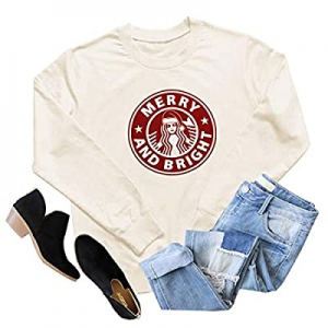 One Day Only！Merry and Bright Christmas Letter Print T Shirt Women Xmas Holidays Long Sleeve Coffe..