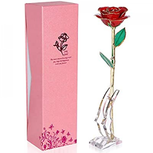 BEFINR 24K Gold Plated Real Red Rose Artificial Golden Flowers with Crescent-Shaped Stand Best Gif..