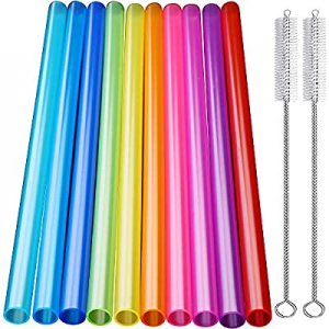 KKMO 10 PCS Extra Wide Reusable Smoothie Boba Straws with 2 Brushes - Multi Colors Big Jumbo Plastic