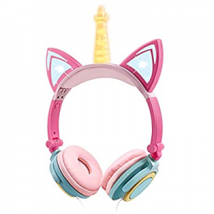 IFECCO Unicorn Kids Headphones for Girl, Wired Glowing Foldable Kids Headsets with Cat Ears, 3.5mm A