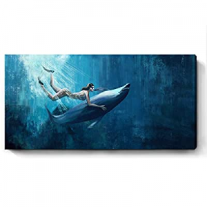 Blue Ocean Sea Wall Art for Bathroom Abstract Deep Seaview Canvas Prints Beauty Woman Underwater D..