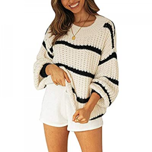 One Day Only！SySea Womens Knit Sweaters Fall Slouchy Chunky Lantern Sleeve Striped Fuzzy Pullover ..