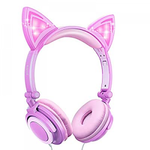 Ifecco Kids Headphones with LED Glowing Cat Ears, Safe Wired Kids Headsets 85dB Volume Limited On Ea