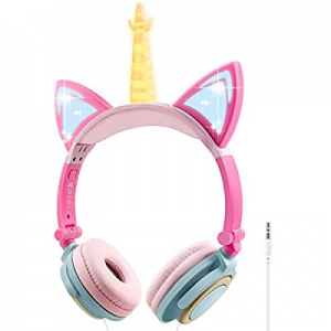 L'AISE VIE Unicorn Kids Headphones Girls, Foldable Kids Headset On Ear, Wired Cat Ear Earphones for 