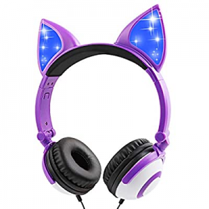 IFECCO Kids Headphones for Girl, Foldable Wired Kid Headset, 85dB Volume Limited Cat Ear Glowing Hea