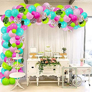 Tropical Themed Balloons Garland Arch Kit, 113 Pack Luau Party Balloons with Palm Leaves and 16ft St