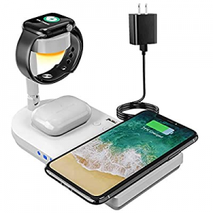 Upgraded Wireless Charging Station, 4 in 1 Qi-Certified 15W Fast Charging Dock with Bedside Lamp, Co