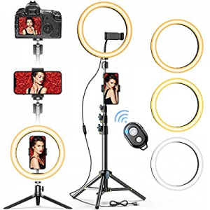 GPEESTRAC 10” Selfie Ring Light with Tripod Stand & 2 Phone Holders & Bluetooth Remote, LED Beauty C