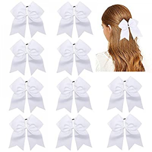 CN 10pcs 8" Cheer Hair Bows Large White Ponytail Holder Girls Elastic Hair Ties Handmade for Cheerle