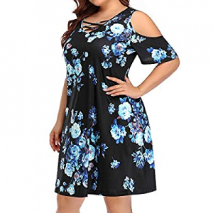 Pinup Fashion Women's Plus Size Cold Shoulder Sundresses Casual T-Shirt Swing Dress with Pockets n..